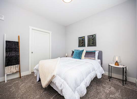 a bedroom with a bed and a closet