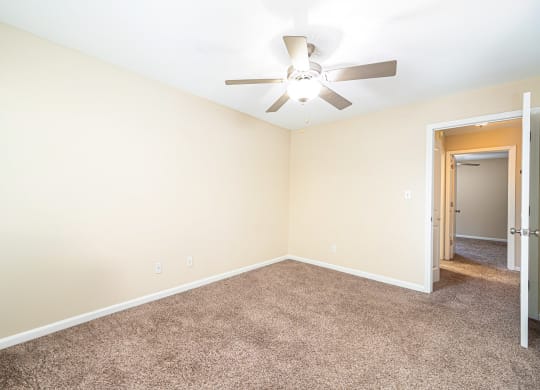 a room with carpet and a ceiling fan