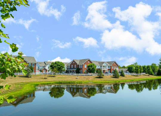 the view of a building reflected in a pond