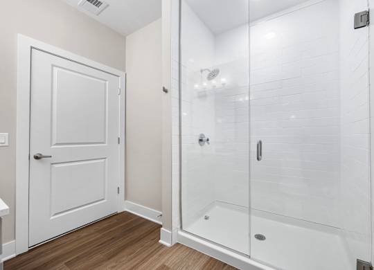 A white bathroom with a walk-in shower and a door.