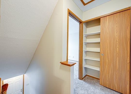 a closet in a upstairs room with a window and a door
