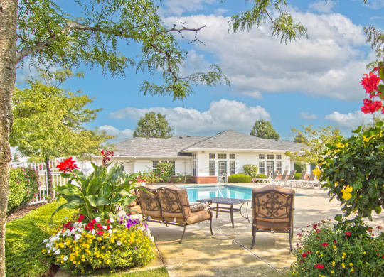 a backyard with a pool and chairs and flowers