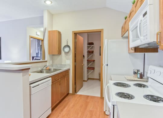 a kitchen with a stove and a refrigerator and a sink