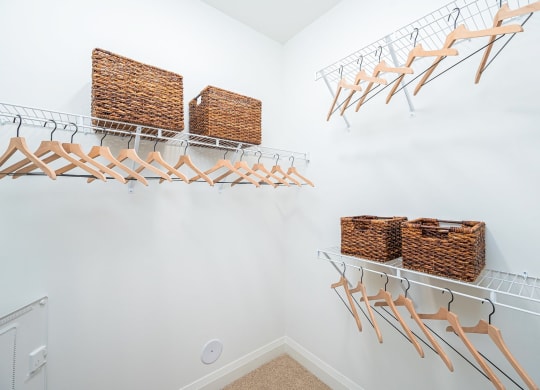 a closet with baskets and racks on the wall and a closet door