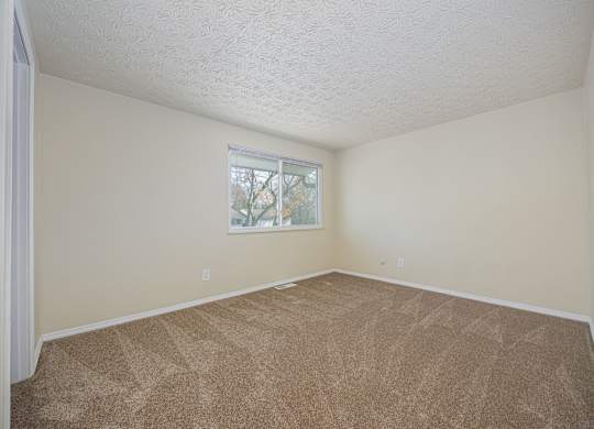 A room with a carpeted floor and a window.