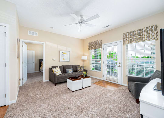 a living room with a couch and a ceiling fan