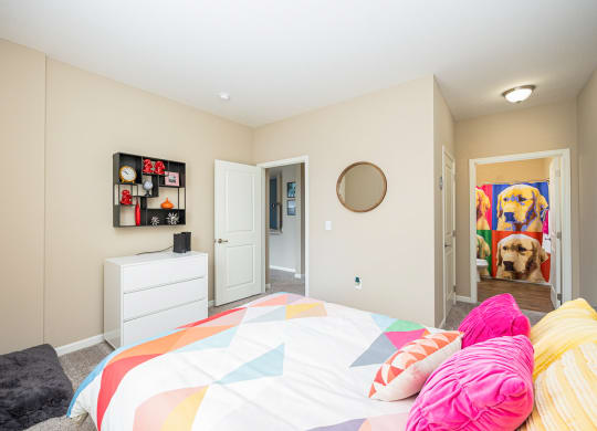 a bedroom with a bed and a door to a closet