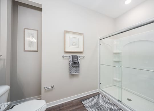 A bathroom with a toilet, a shower with a glass door, and a towel rack with a towel and a picture on the wall.