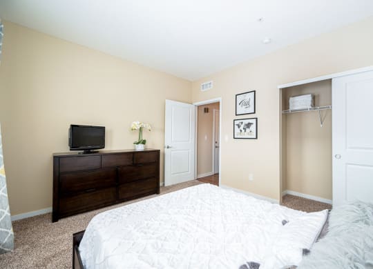 a bedroom with a large bed and a tv