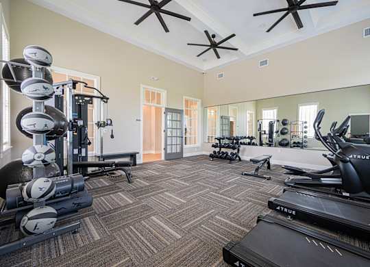 A well-equipped gym with a variety of exercise machines and weights.