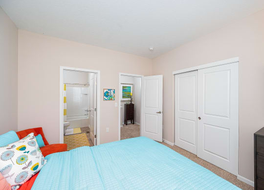 a bedroom with a bed and a closet