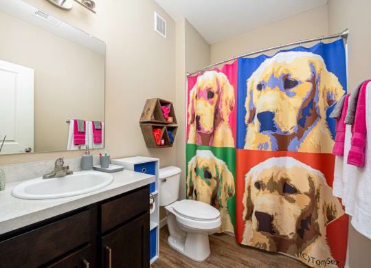 a bathroom with a shower curtain and a toilet and sink