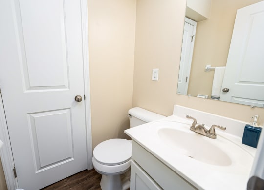 a bathroom with a sink toilet and a mirror