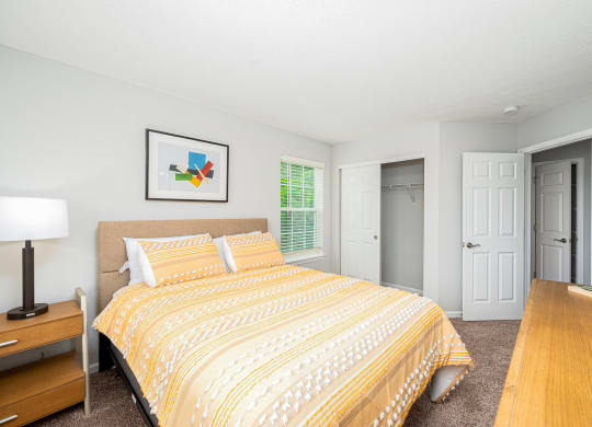 a bedroom with a bed and a closet