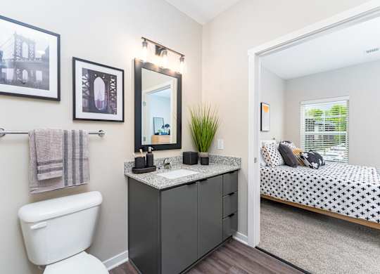 A bathroom with a toilet, sink, mirror, and a bed in the background.