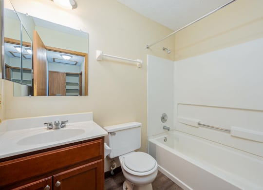 a bathroom with a sink toilet and a bath tub