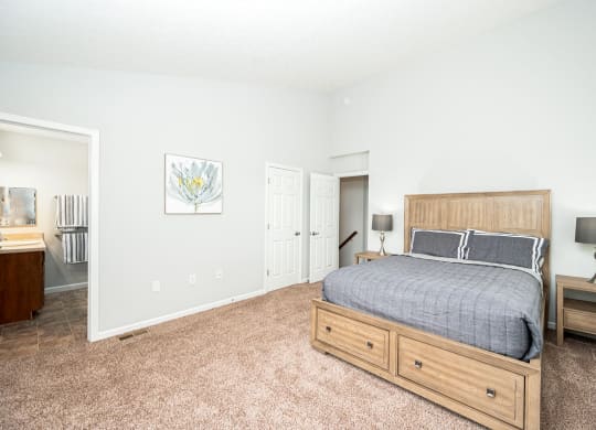 a bedroom with a bed and a closet