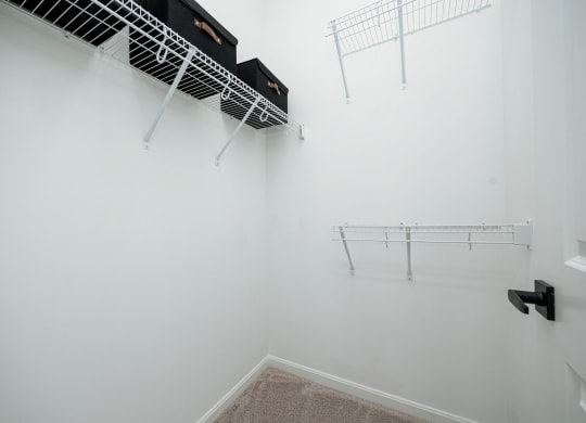 a room with white walls and two wire racks on the wall