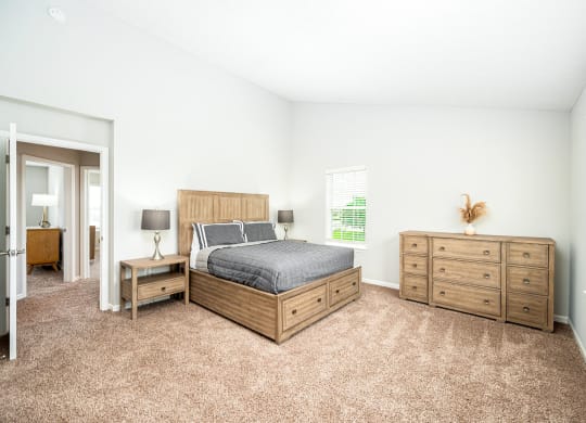 a bedroom with a bed and dressers and a window