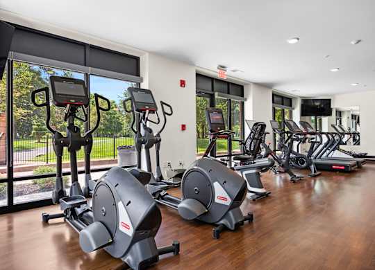 A gym with a row of elliptical machines.