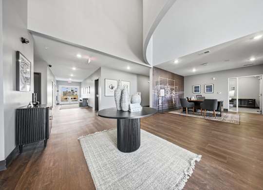 A modern living room with a black and white rug in the center.