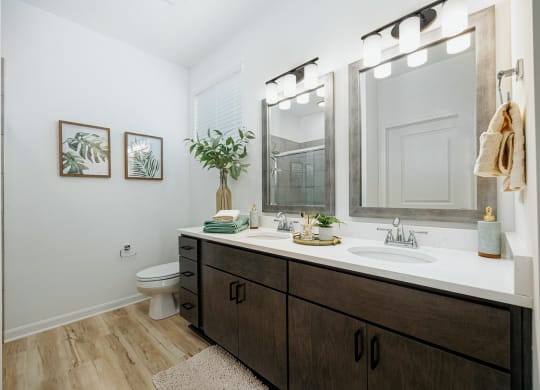 a bathroom with a large mirror and a sink