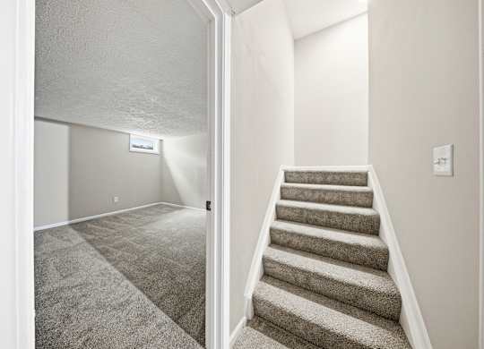 A staircase with a carpeted floor and a wall-mounted light switch.