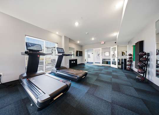 A treadmill and a stationary bike are in a spacious gym.