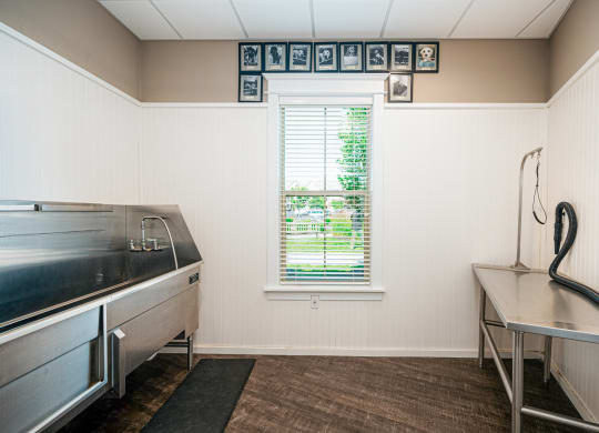 a kitchen with a sink and a window