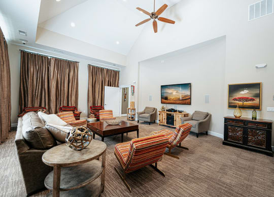 a living room with furniture and a ceiling fan