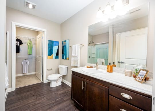 a bathroom with a large mirror and a toilet