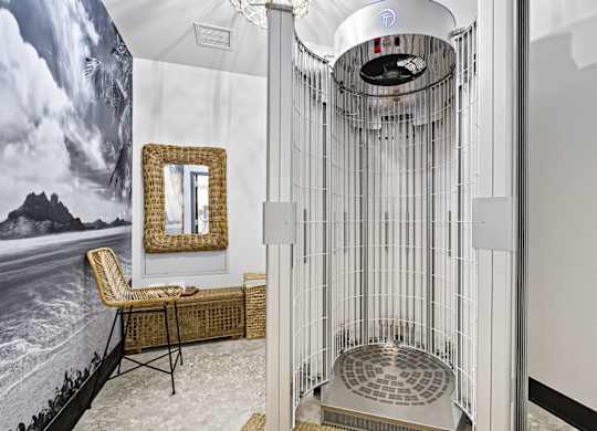 A room with a chair, a mirror, and a wall mural.