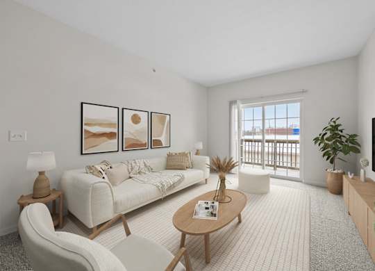 A living room with a white sofa, a wooden coffee table, and a white chair.