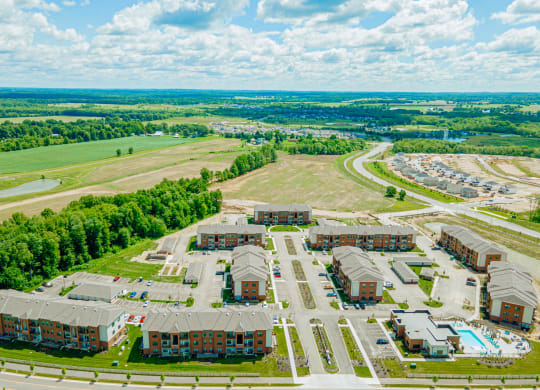 an aerial view of a building and an airport