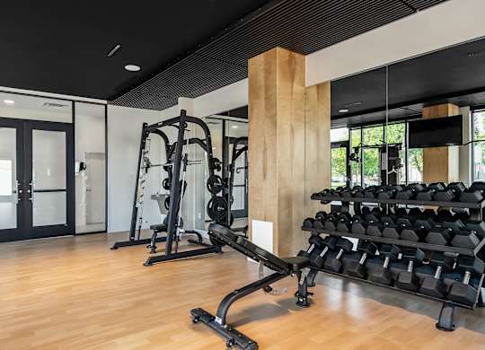 A gym with a variety of equipment including weights and a treadmill.