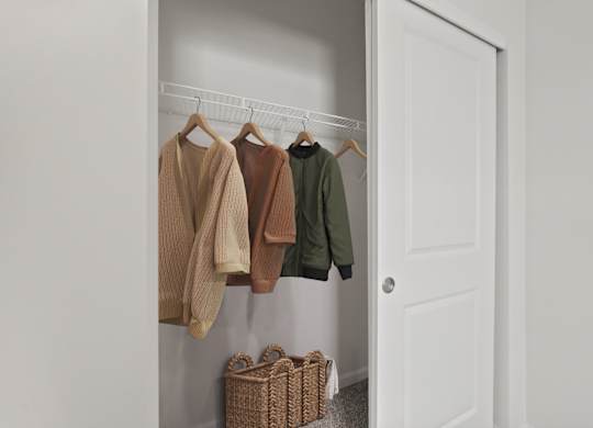 Clothes hanging on a rack in a closet.