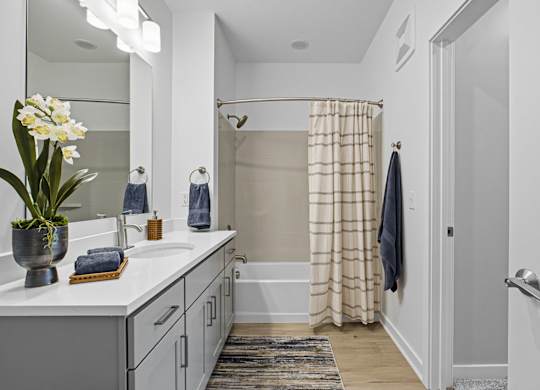 A bathroom with a white sink and a mirror above it.