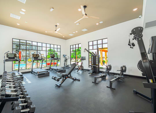 the gym has plenty of cardio equipment and windows