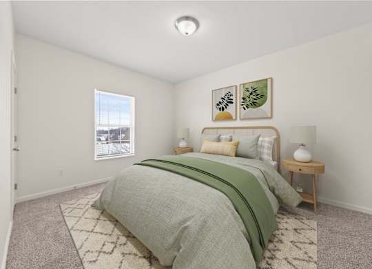 A bedroom with a large bed and a window.
