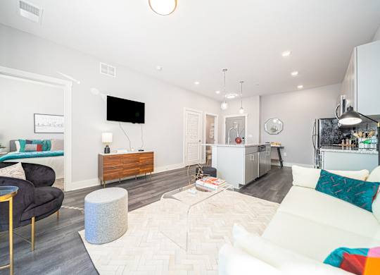 a living room with a couch and a table