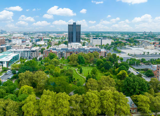 a cityscape with a tall building in the background and trees in the foreground
