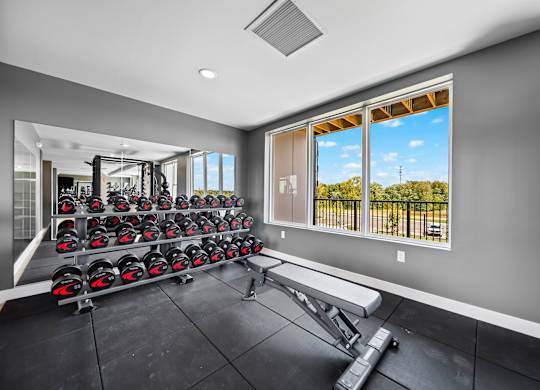 A gym room with a row of exercise bikes and a bench.