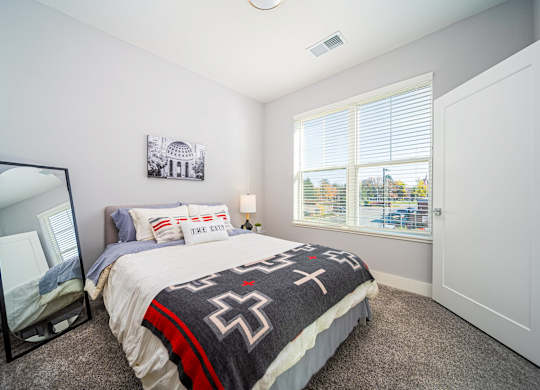 a bedroom with a bed and a window