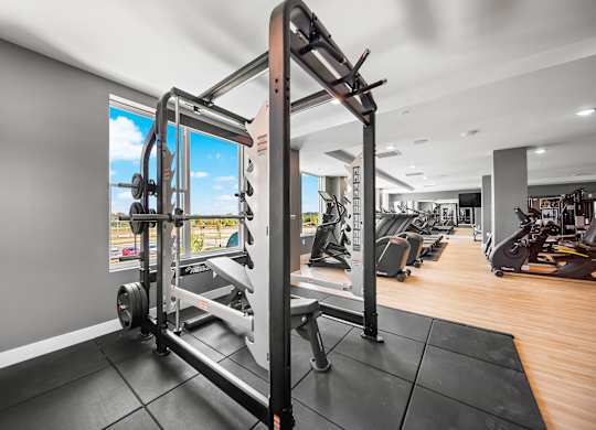 A gym with a weight bench and a window showing the outside.