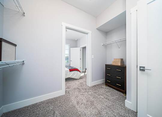 a bedroom with a closet and a bed in it