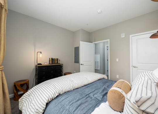a bedroom with a bed and a dresser and a closet