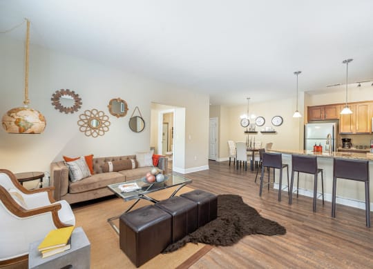 a living room with a couch and a table