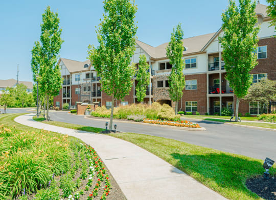 an apartment building on a street with sidewalks and trees
