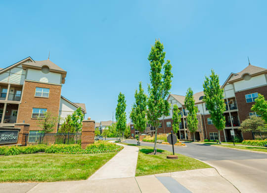 a street view of an apartment complex with trees and a sidewalk