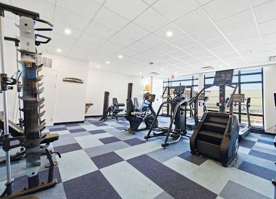 A gym with a variety of equipment including treadmills, weights, and exercise machines.